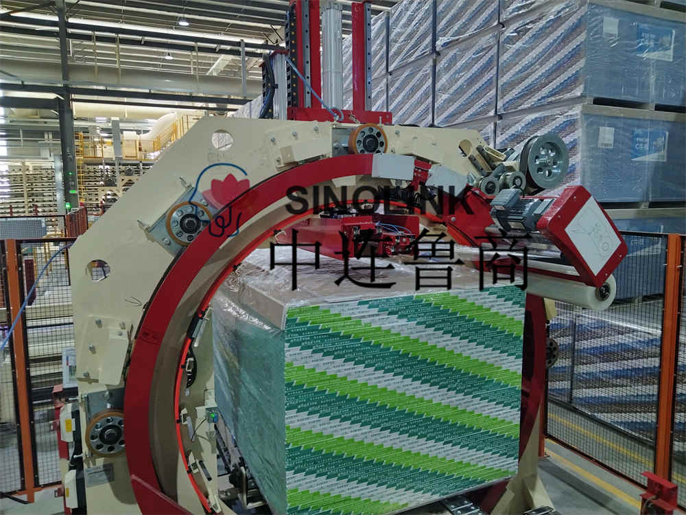 自动六面预紧式包裹机，用于板块建筑材料